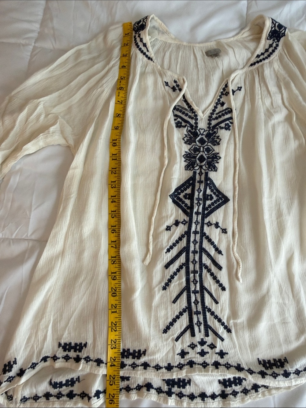 Ecote Cream Boho Top with Navy Embroidery - Picture 4 of 5